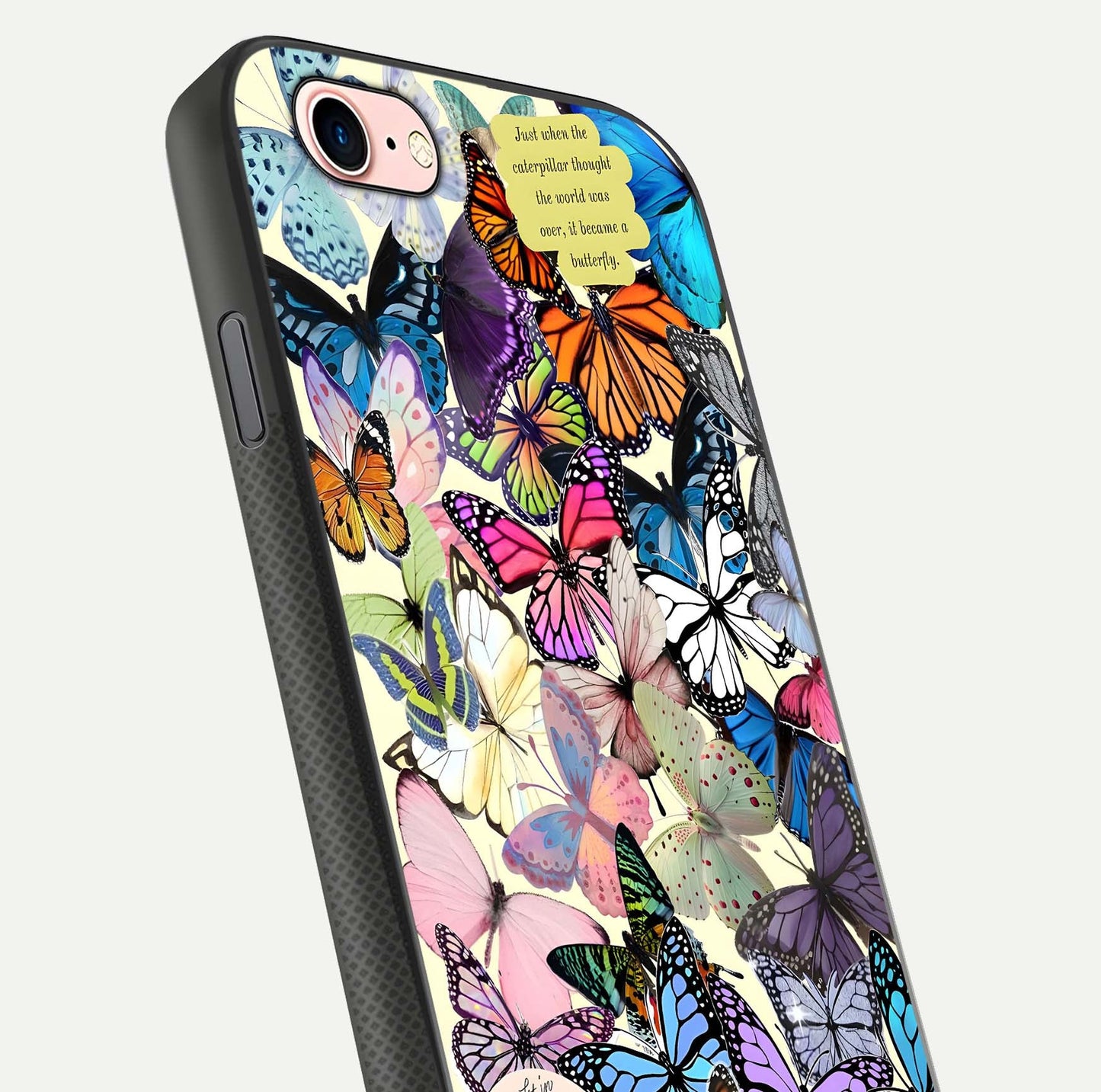 Butterflies Petal Dream Glass Case for iPhone 6 Plus close-up highlighting butterfly wings and pink petal gloss
