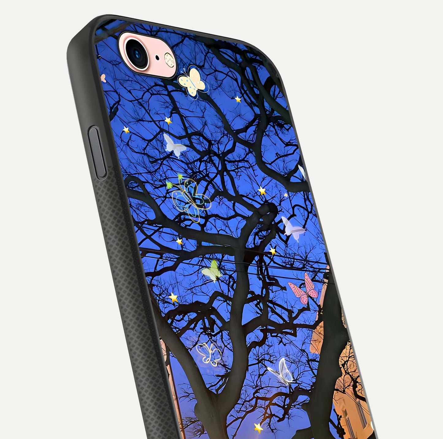 Butterfly Night Magic Glass Case for iPhone 6 Plus close-up highlighting wings reflection and gloss shimmer