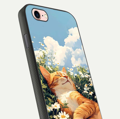 Cat & Flowers View Glass Case for iPhone 6 Plus close-up view highlighting cat expression and petal detail