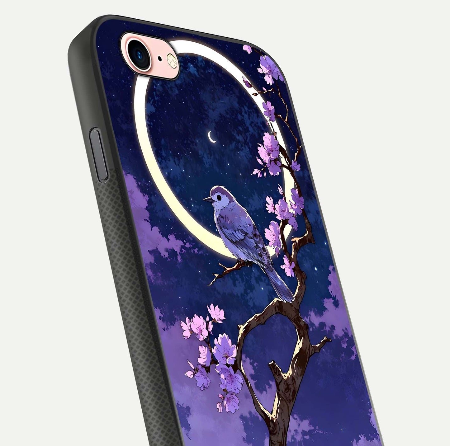 Celestial Bird Blossom Glass Case for iPhone 6 Plus close-up capturing bird detail, petal reflection, and gloss shine