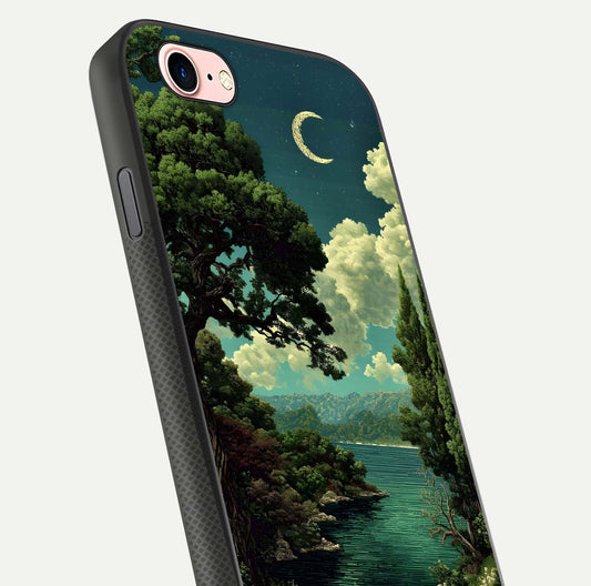Celestial Lake Peace Glass Case for iPhone 6 Plus close-up highlighting moon reflection and glossy texture
