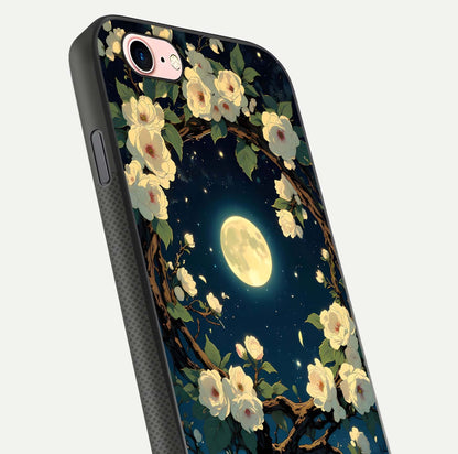 Celestial Moon & Flower Glass Case for iPhone 6 Plus close-up capturing petal reflection and moonlight contrast