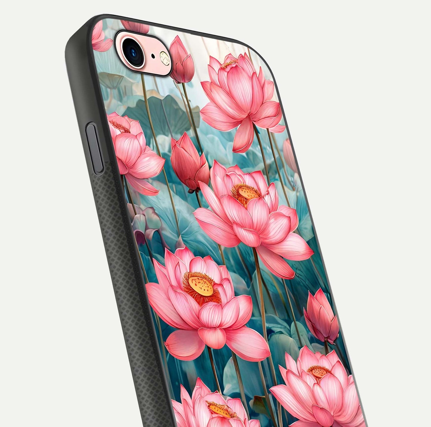 Celestial Pink Lotus Glass Case for iPhone 6 Plus close-up highlighting petal detail and HD glass reflection