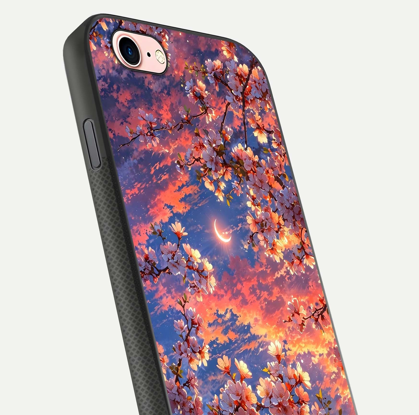 Celestial Sakura Sunset Glass Case for iPhone 6 Plus close-up image highlighting blossom petals and gloss shine