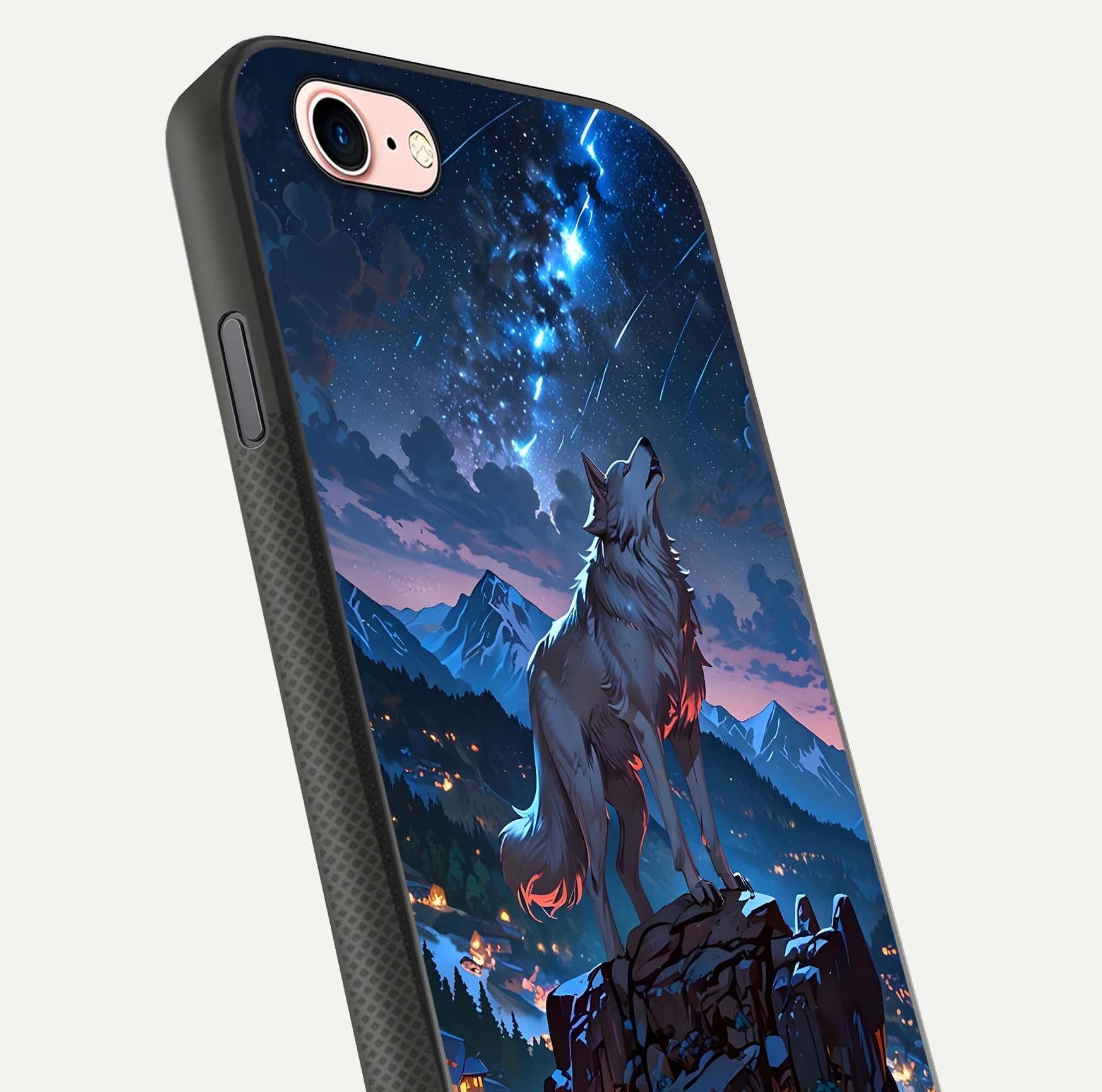Celestial Wolf Howl Glass Case for iPhone 6 Plus close-up showing wolf silhouette and glowing moon reflection
