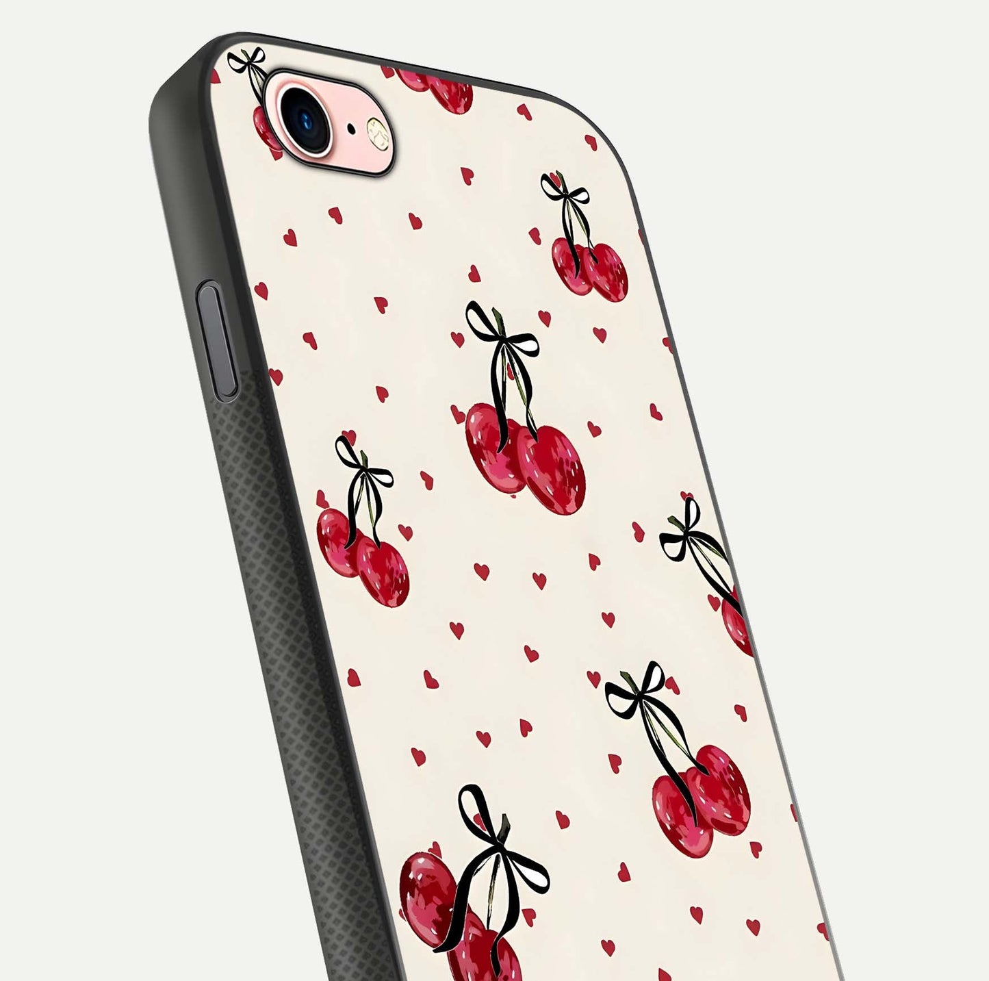 Cherry Heart Bow Glass Case for iPhone 6 Plus close-up highlighting small bows, cherry red tones, and gloss shine