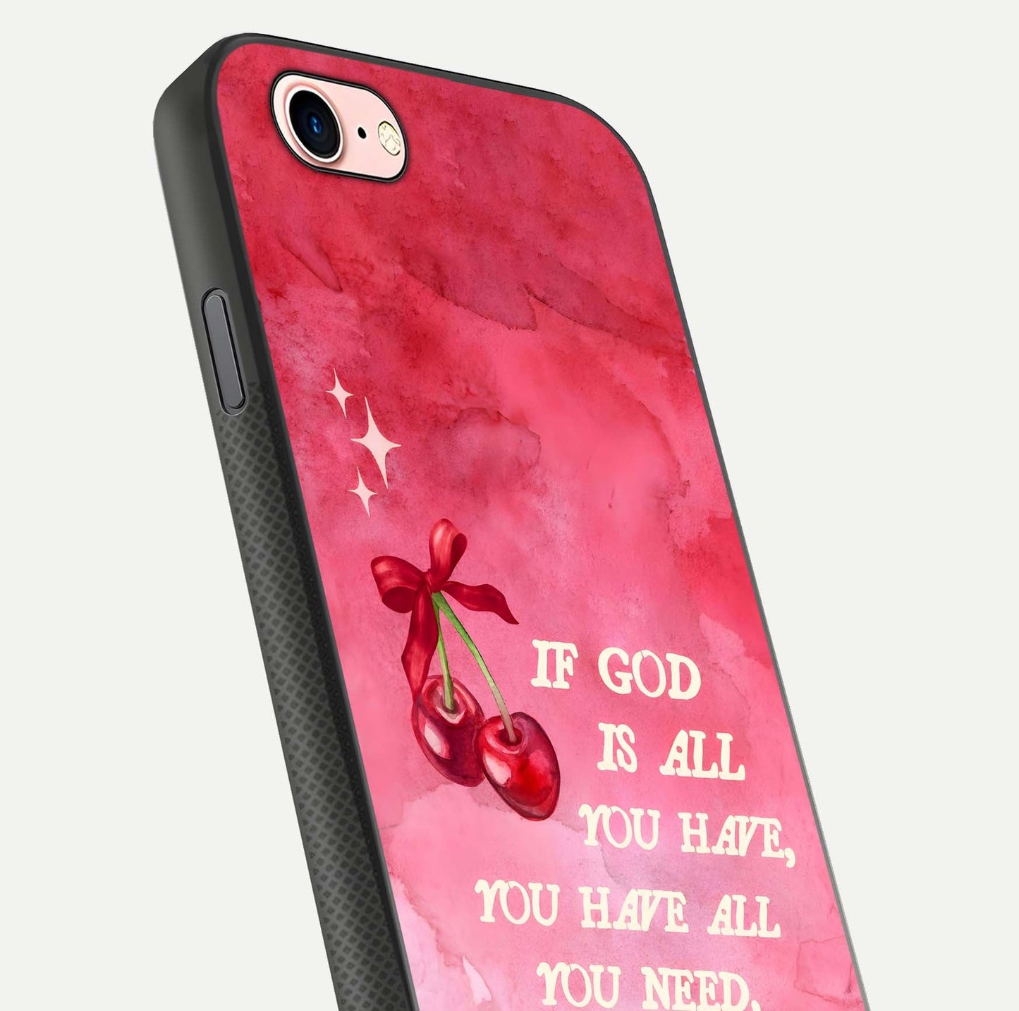 Cherry Quote Glass Case for iPhone 6 Plus close-up showing printed quote detail and HD reflection gloss