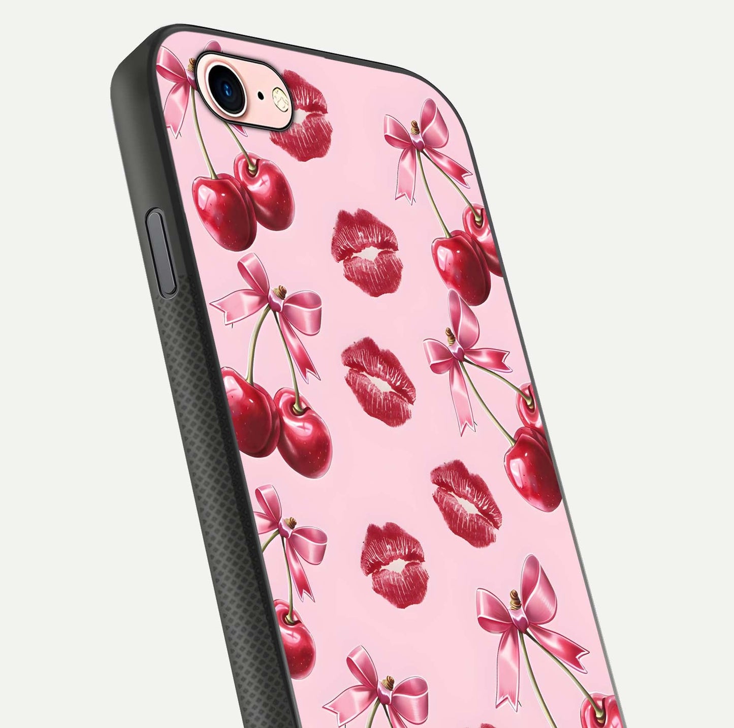 Cherry With Lips Glass Case for iPhone 6 Plus close-up view highlighting lips texture and reflection shine