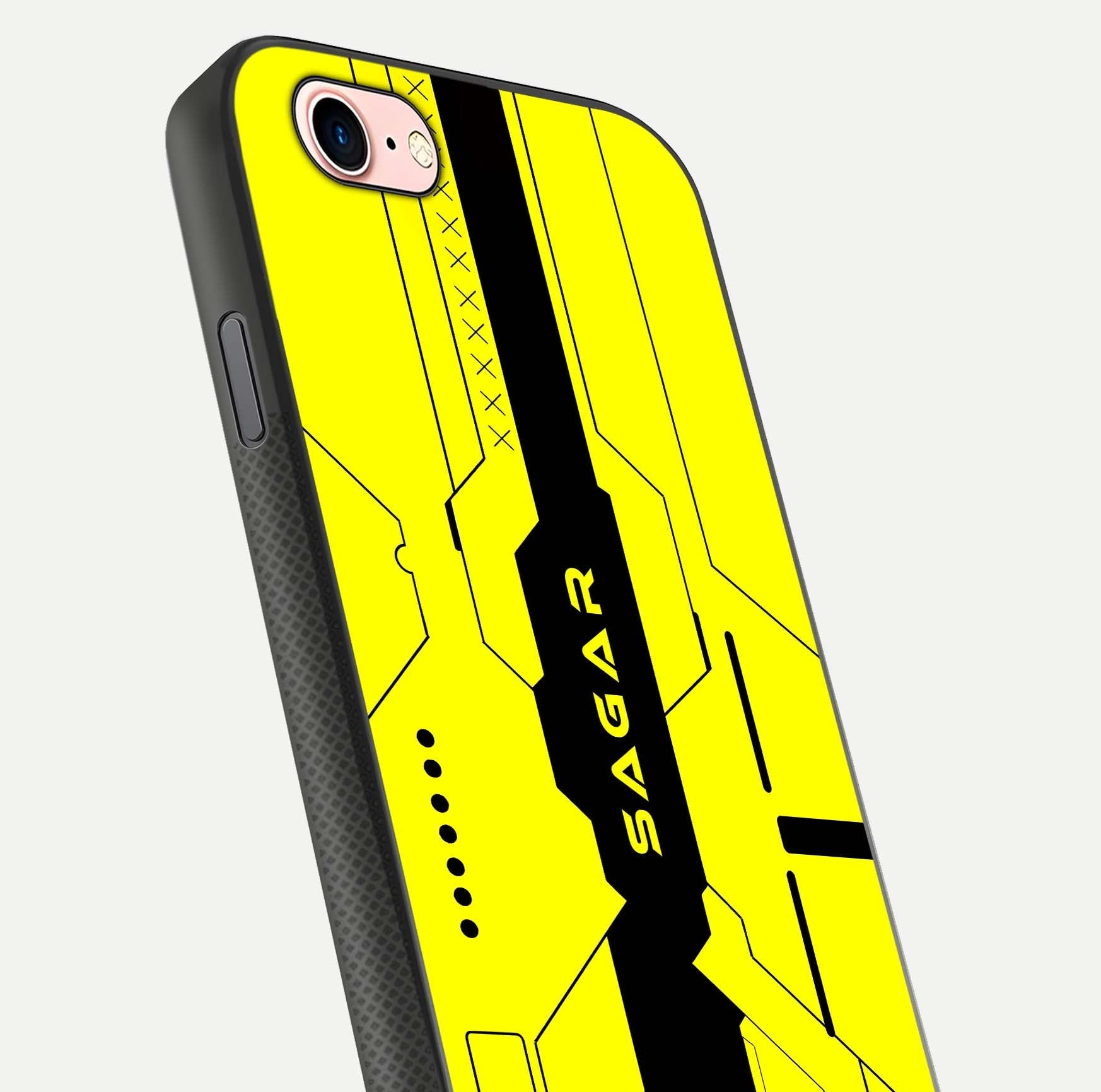 Circuit CYBERPUNK Custom Name Glass Case for iPhone 6 Plus close-up highlighting neon lines, futuristic tones, and gloss reflection