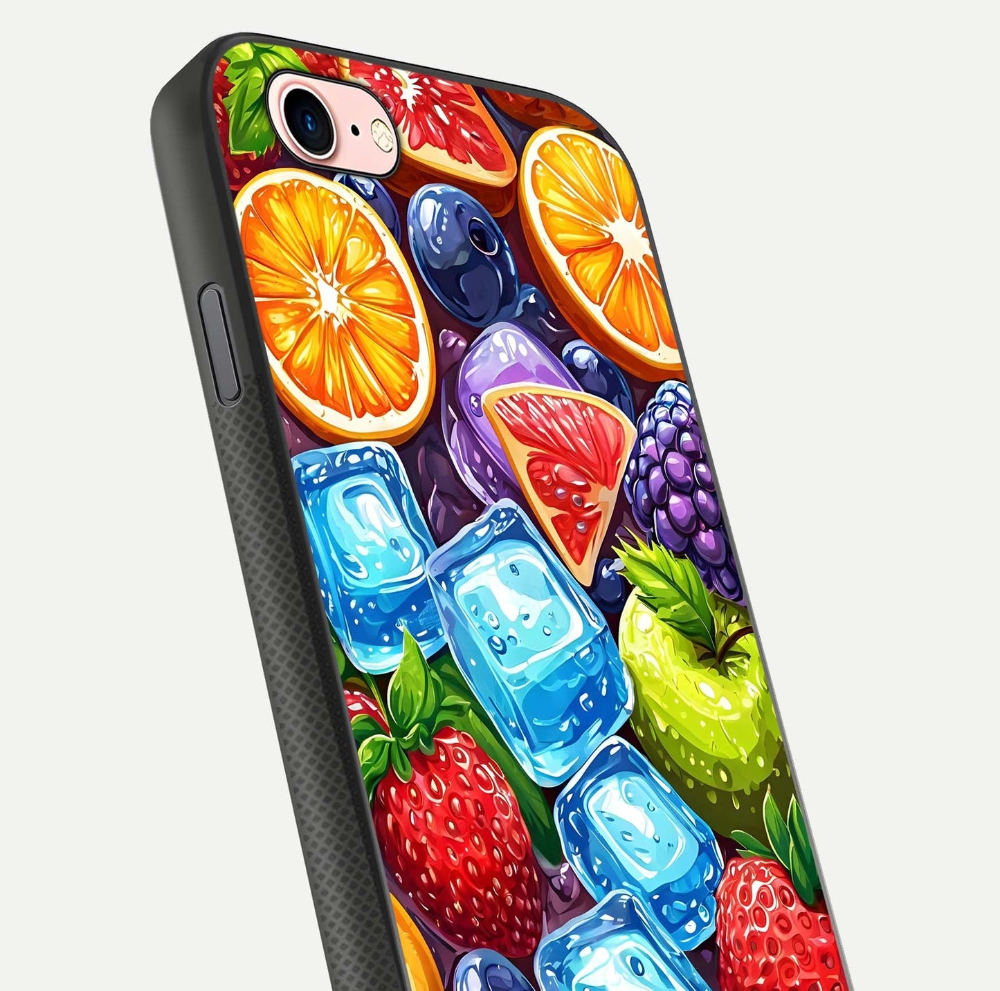 Colorful Fruits with Ice Glass Case for iPhone 6 Plus close-up highlighting fruit color and reflection glow