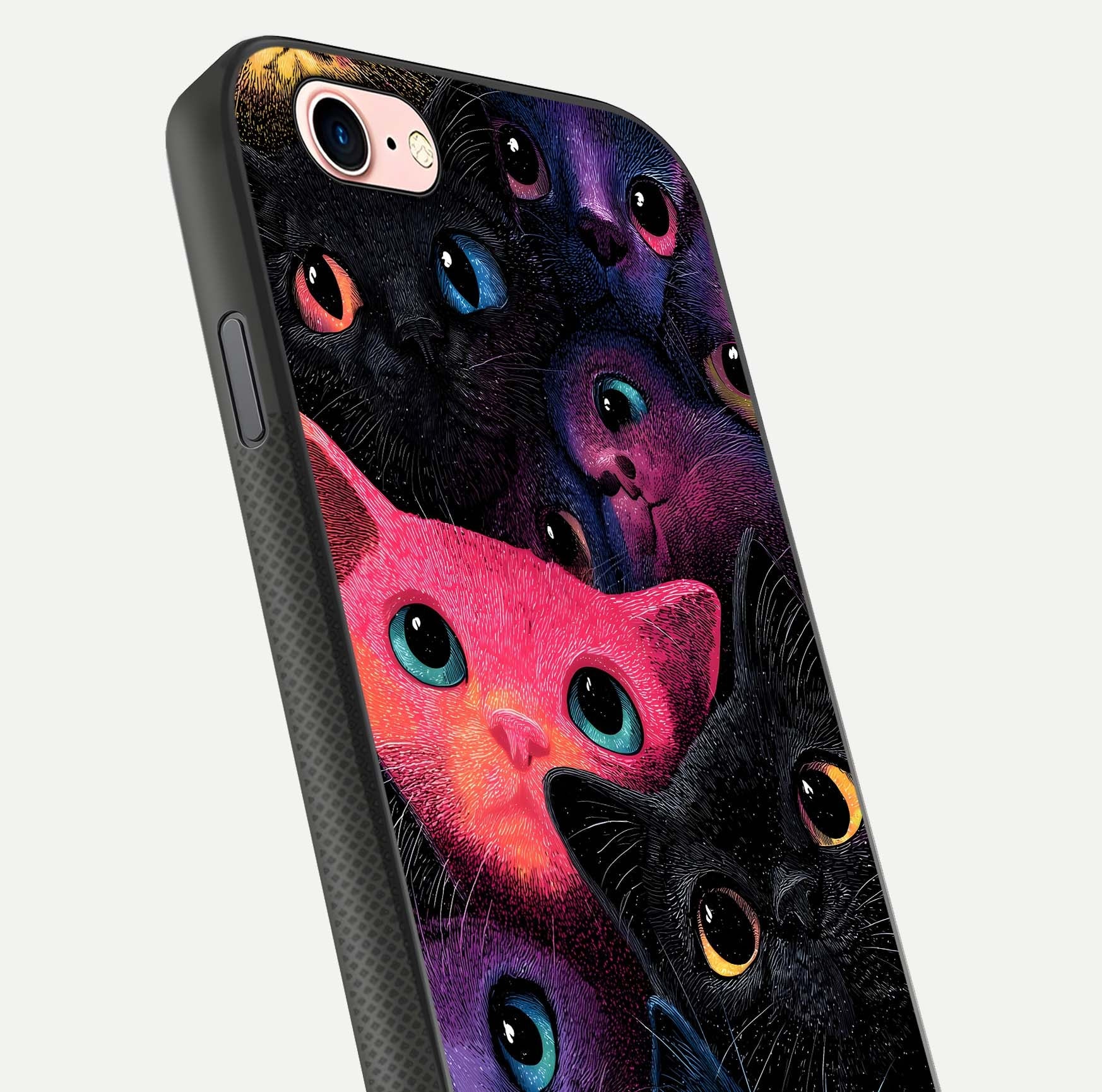 Cosmic Cats Dreams Glass Case for iPhone 6 Plus close-up highlighting cats and cosmic glow reflection
