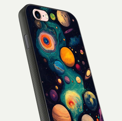 Cosmic Planet Journey Glass Case for iPhone 6 Plus close-up highlighting planets, stars, and shine reflection