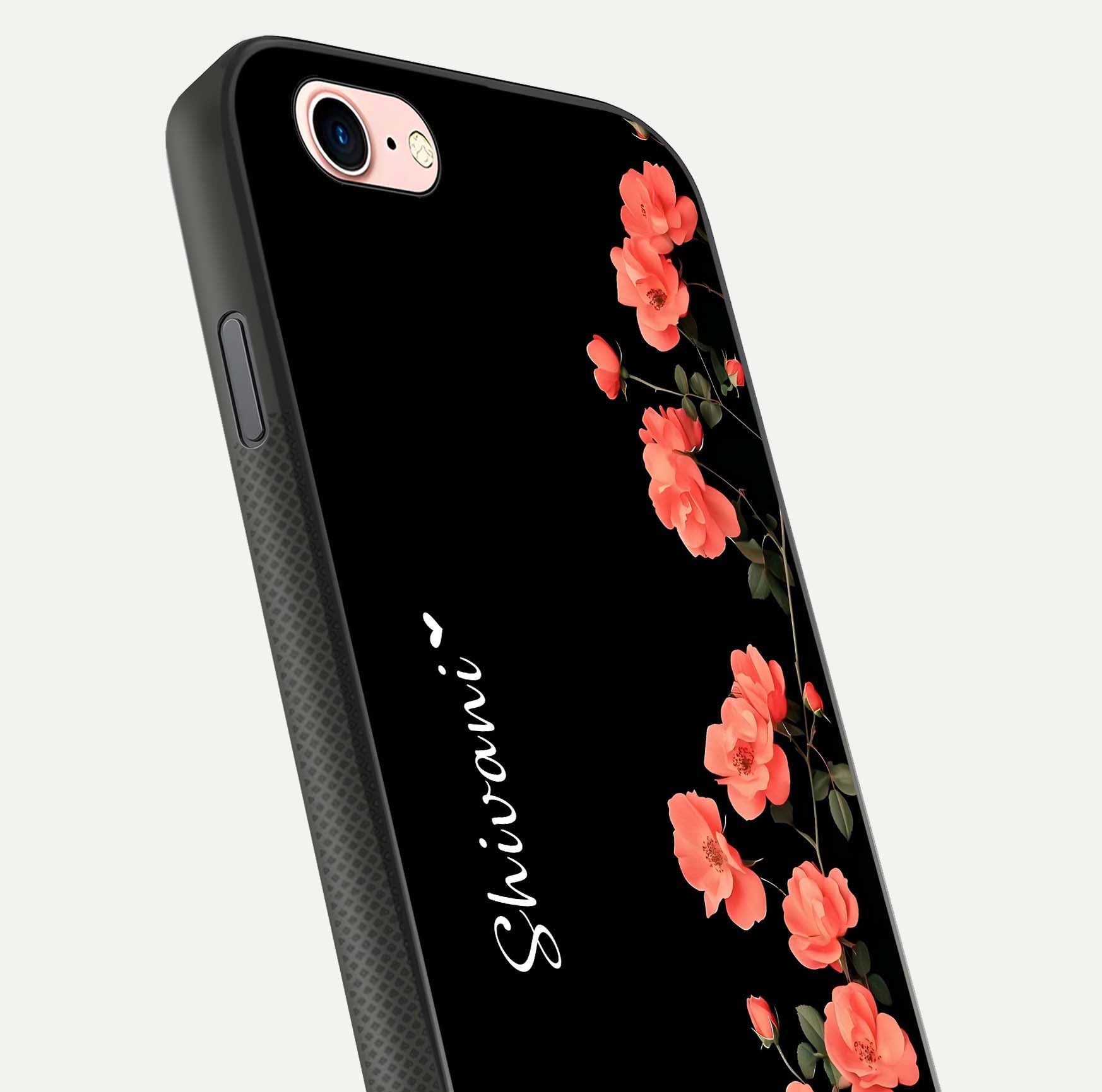 Crimson Bloom Grace Custom Name Glass Case for iPhone 6 Plus close-up highlighting flower pattern and reflection texture