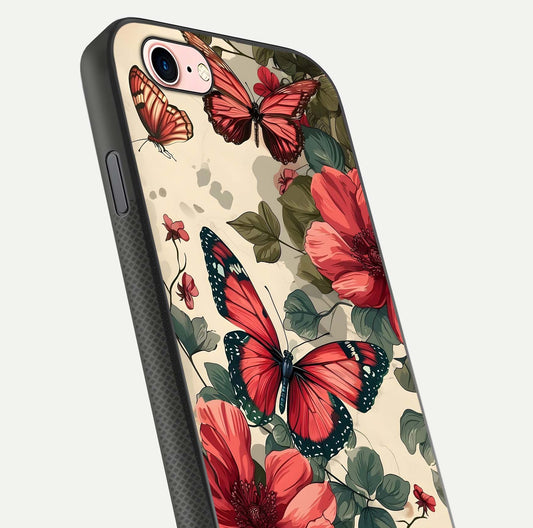 Crimson Butterfly Garden Glass Case for iPhone 6 Plus close-up showing wing detail and reflection shine