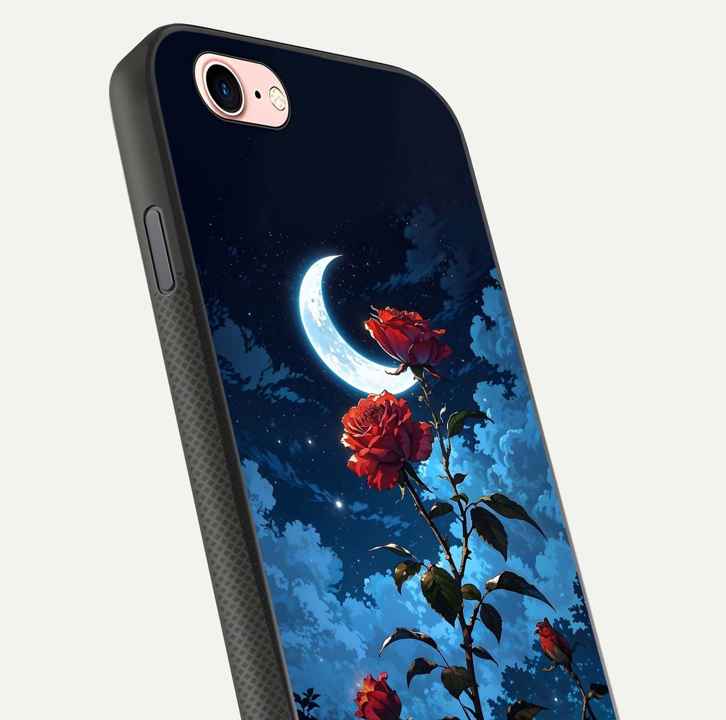 Crimson Rose Moon Glass Case for iPhone 6 Plus close-up showing rose detail and reflection highlight