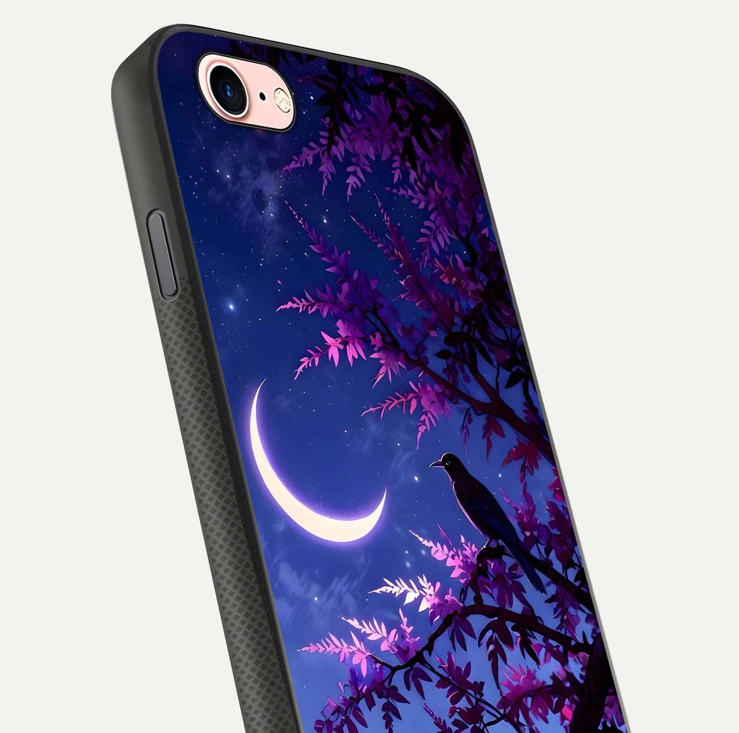 Crow & Moon Scenery Glass Case for iPhone 6 Plus close-up highlighting moon detail, dark tones, and glass reflection