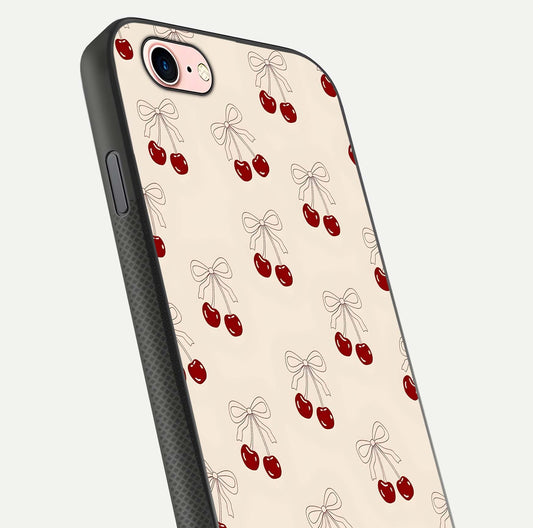 Cute Cherry Pattern Glass Case for iPhone 6 Plus close-up showing cherry cluster details and light reflection
