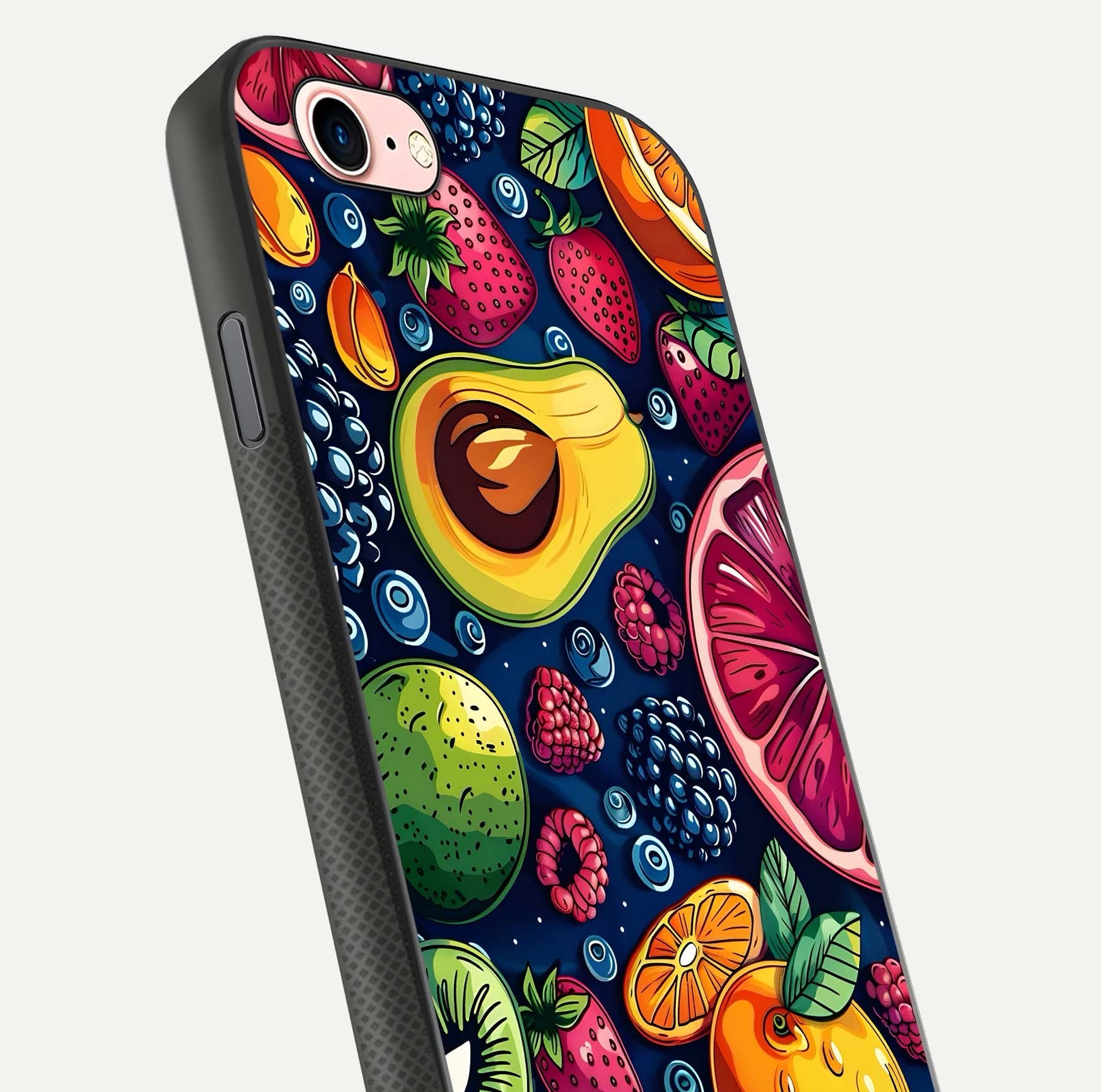 Cute Fruits Art Glass Case for iPhone 6 Plus close-up highlighting fruit shapes, color tones, and reflection polish