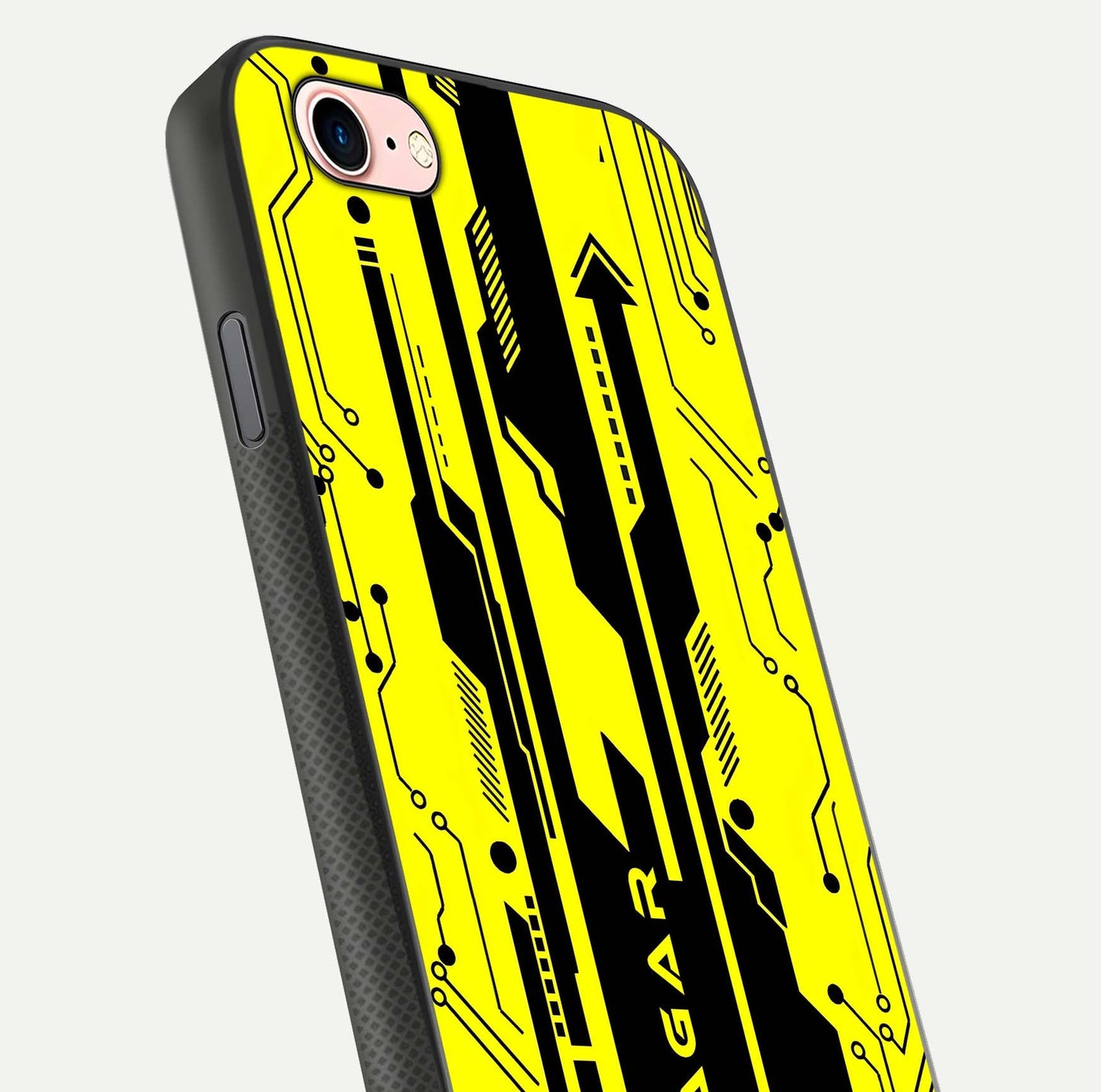 Electric Pulse CYBERPUNK Custom Name Glass Case for iPhone 6 Plus close-up highlighting tech pattern, lighting effect, and reflection shine