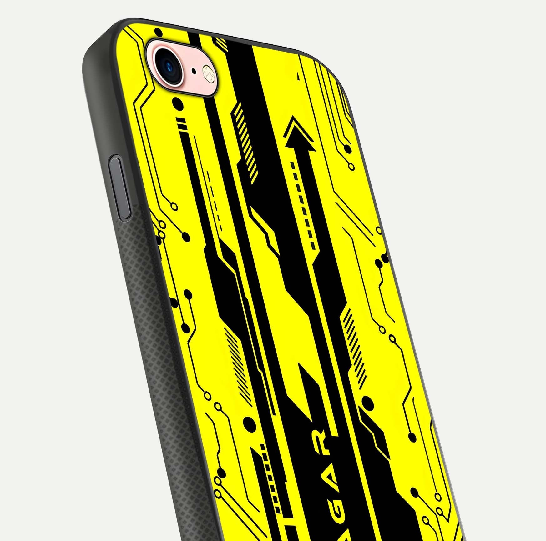 Electric Pulse CYBERPUNK Custom Name Glass Case for iPhone 6 Plus close-up highlighting tech pattern, lighting effect, and reflection shine