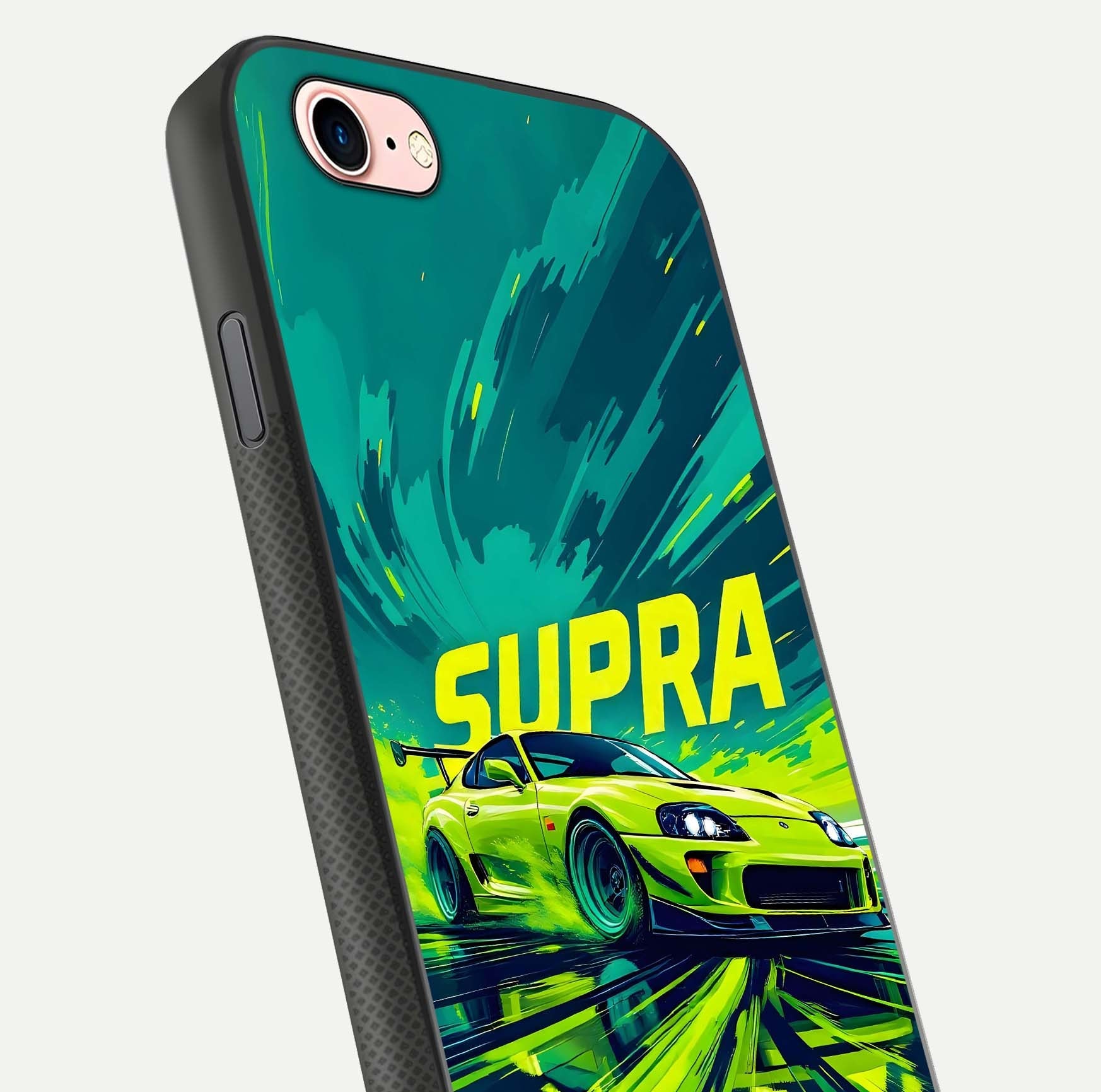 Electric Supra Thunder Glass Case for iPhone 6 Plus close-up highlighting car reflection, neon tones, and gloss polish