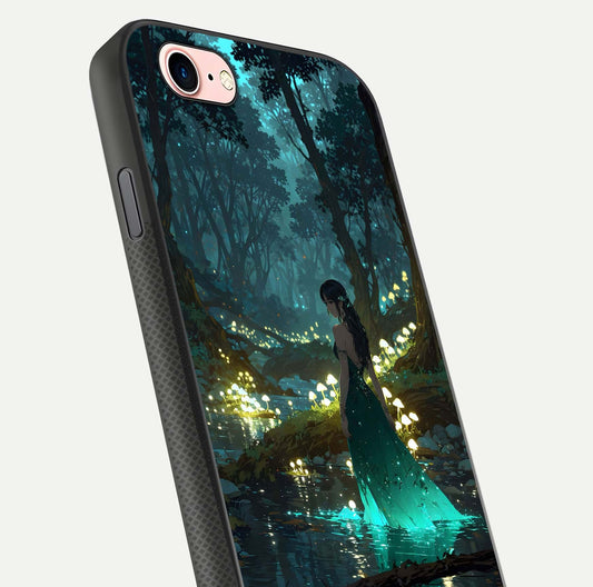 Enchanted Forest Glow Glass Case for iPhone 6 Plus close-up highlighting trees, lights, and reflection texture
