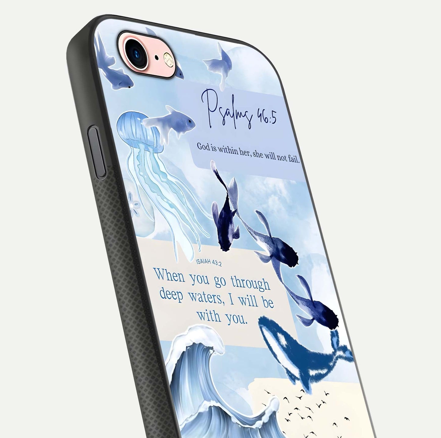 Faithful Ocean Promise Glass Case for iPhone 6 Plus close-up highlighting water reflection and serene blue tones