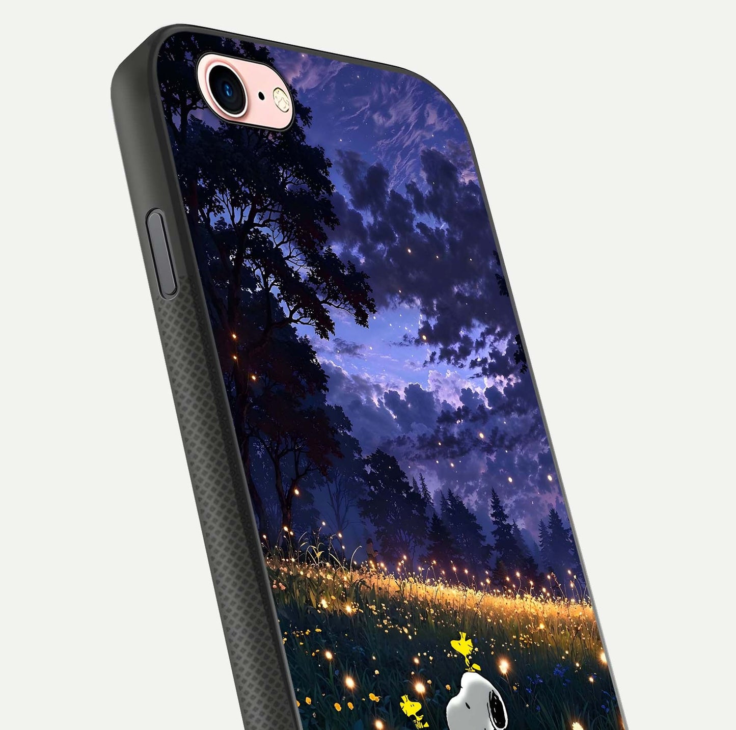 Firefly Meadow Magic Glass Case for iPhone 6 Plus close-up highlighting luminous firefly light and reflection detail