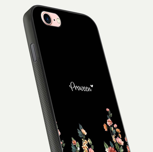 Floral Design Personalized Custom Name Glass Case for iPhone 6 Plus close-up highlighting name clarity, petals, and gloss