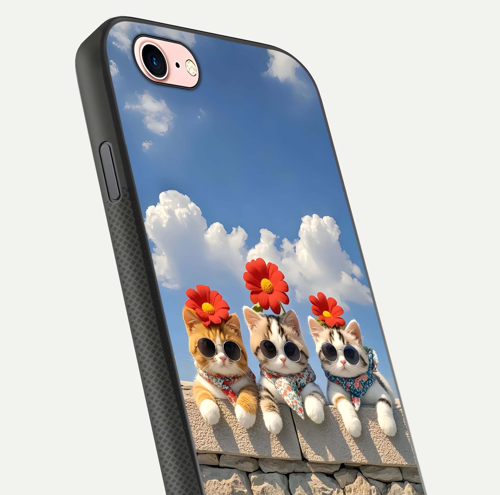 Floral Kitty Squad Glass Case for iPhone 6 Plus close-up highlighting cat detail and flower patterns with HD shine