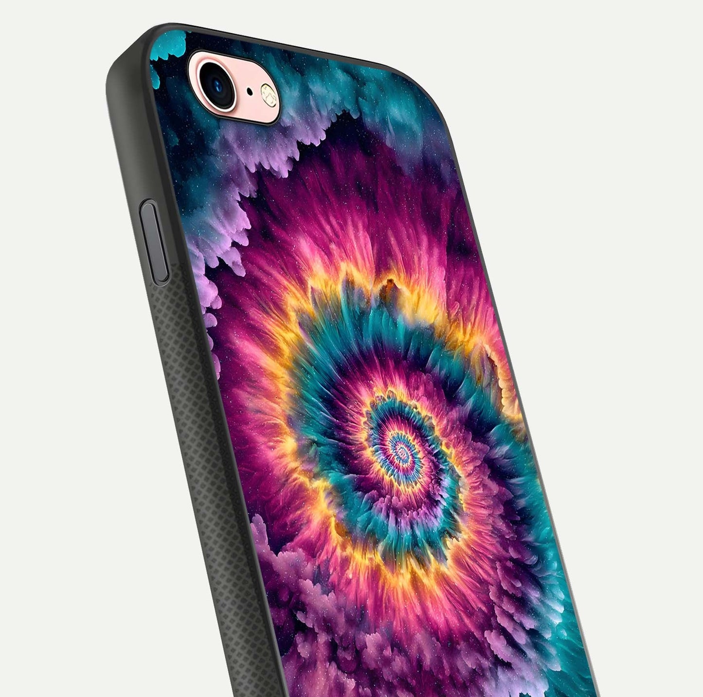 Galactic Spiral Burst Glass Case for iPhone 6 Plus close-up angled shot showing spiral burst detail, neon tones, and glossy reflection
