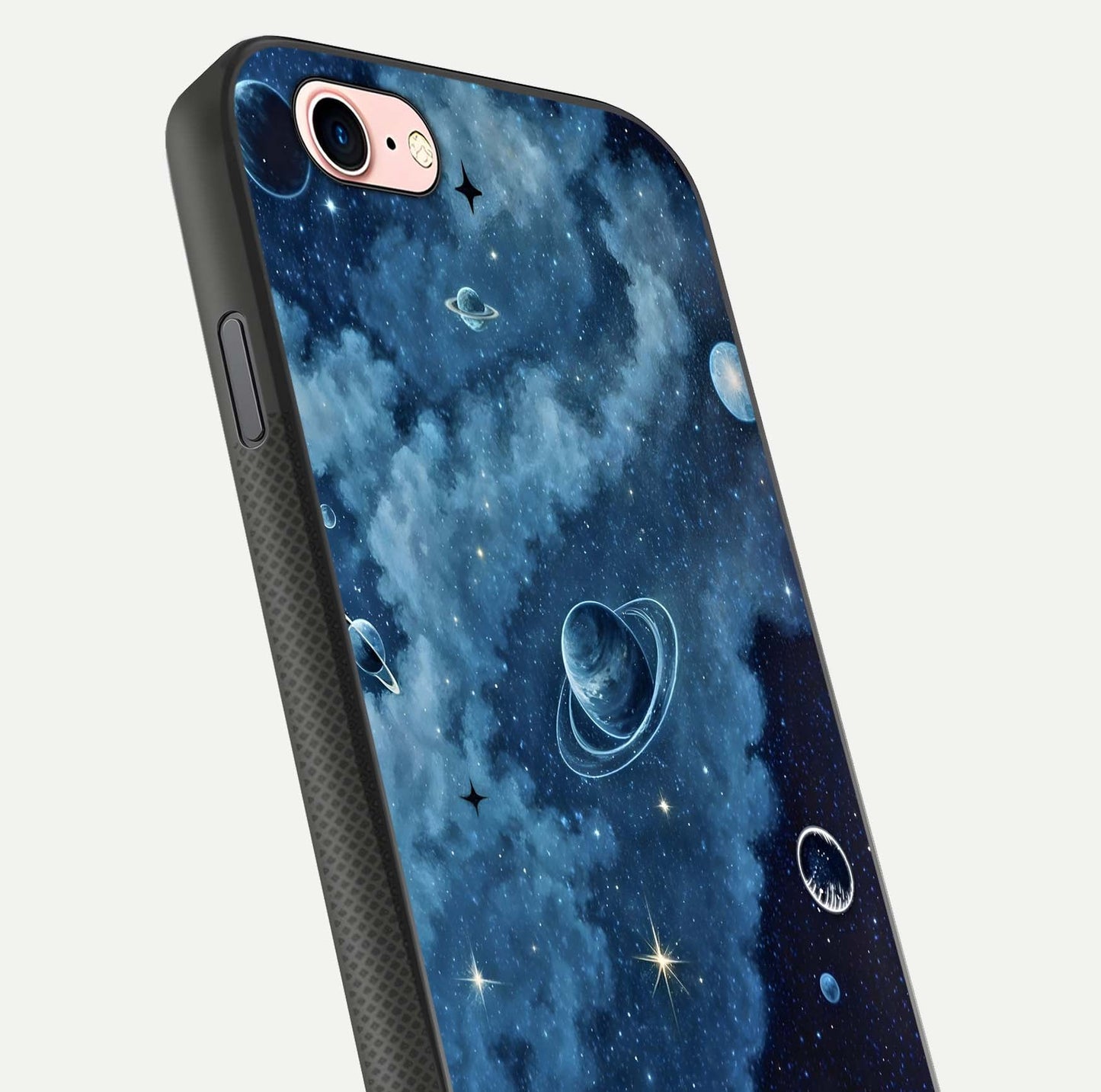 Galaxy Dream Space Glass Case for iPhone 6 Plus close-up angled shot highlighting nebula details and reflection shine