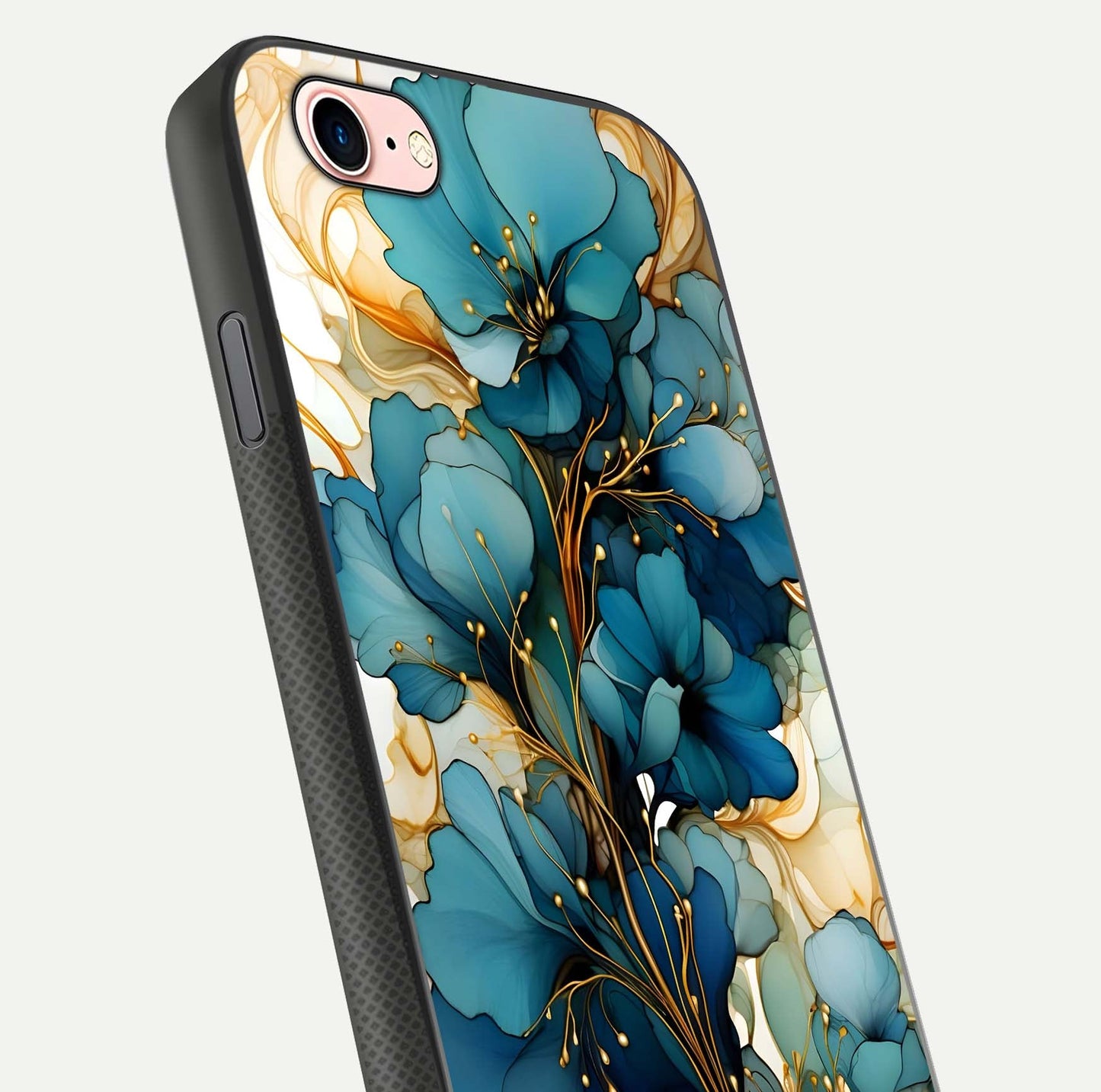 Golden Bloom Symphony Glass Case for iPhone 6 Plus close-up angled shot showing detailed petals and metallic gold reflection