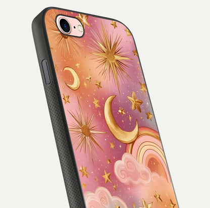 Golden Celestial Dreams Glass Case for iPhone 6 Plus close-up angled shot showing cosmic gold tones and reflection shine