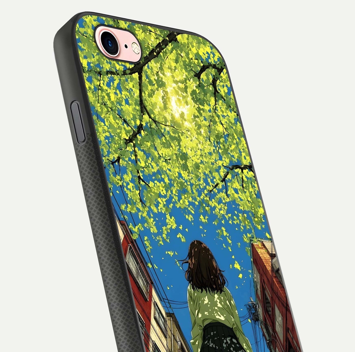 Golden Leaves Glow Glass Case for iPhone 6 Plus close-up angled shot showing fine leaf texture and reflection shine