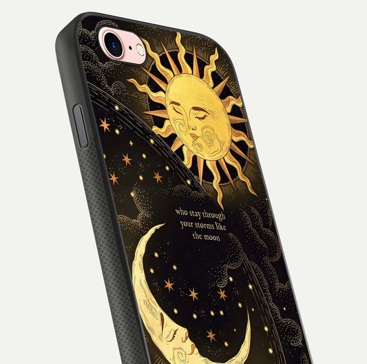 Golden Lunar Love Glass Case for iPhone 6 Plus close-up angled shot showing moon glow, texture, and reflection polish