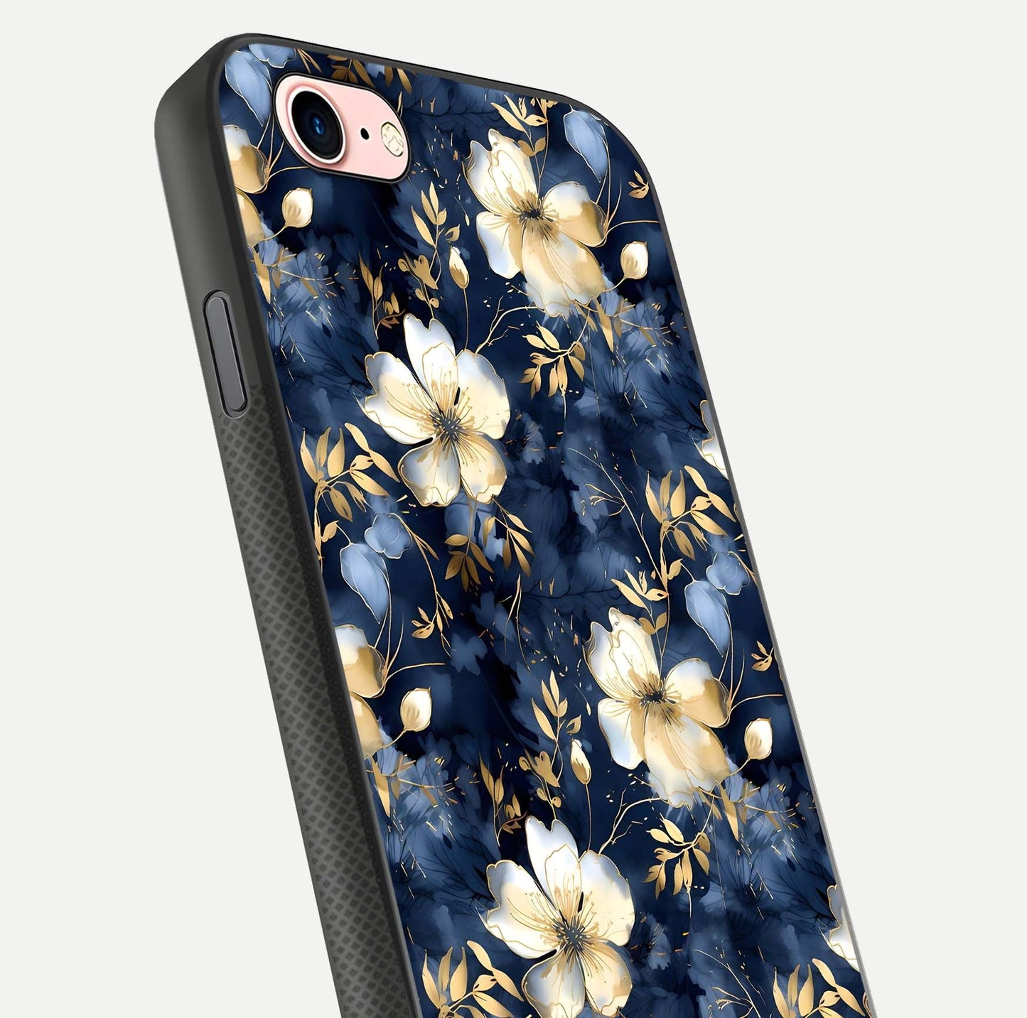 Golden Midnight Bloom Glass Case for iPhone 6 Plus close-up angled shot showing floral detail and reflection shine
