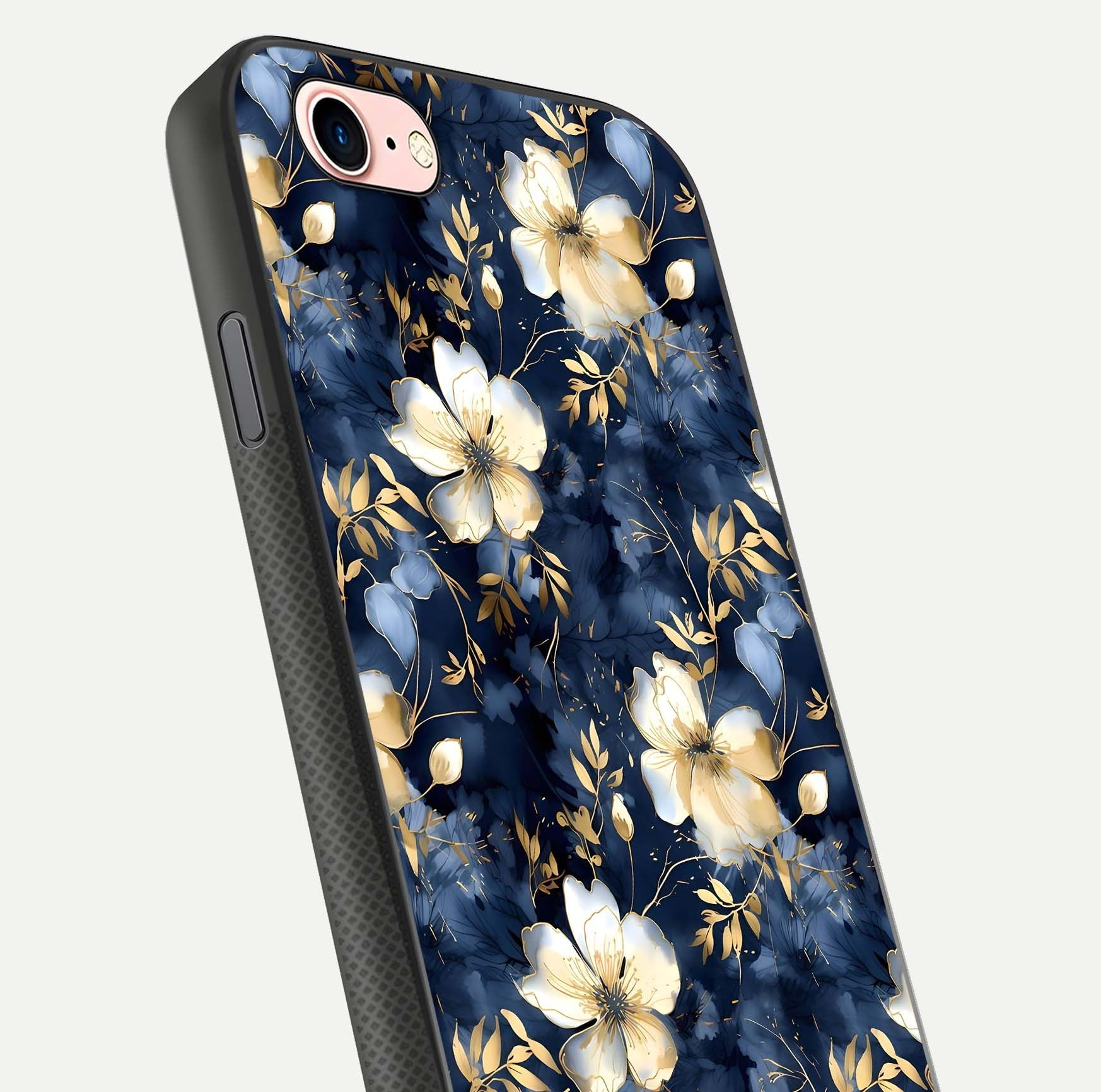 Golden Midnight Bloom Glass Case for iPhone 6 Plus close-up angled shot showing floral detail and reflection shine