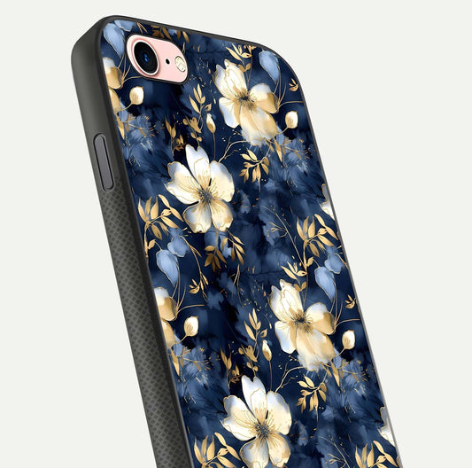 Golden Midnight Bloom Glass Case for iPhone 6 Plus close-up angled shot showing floral detail and reflection shine