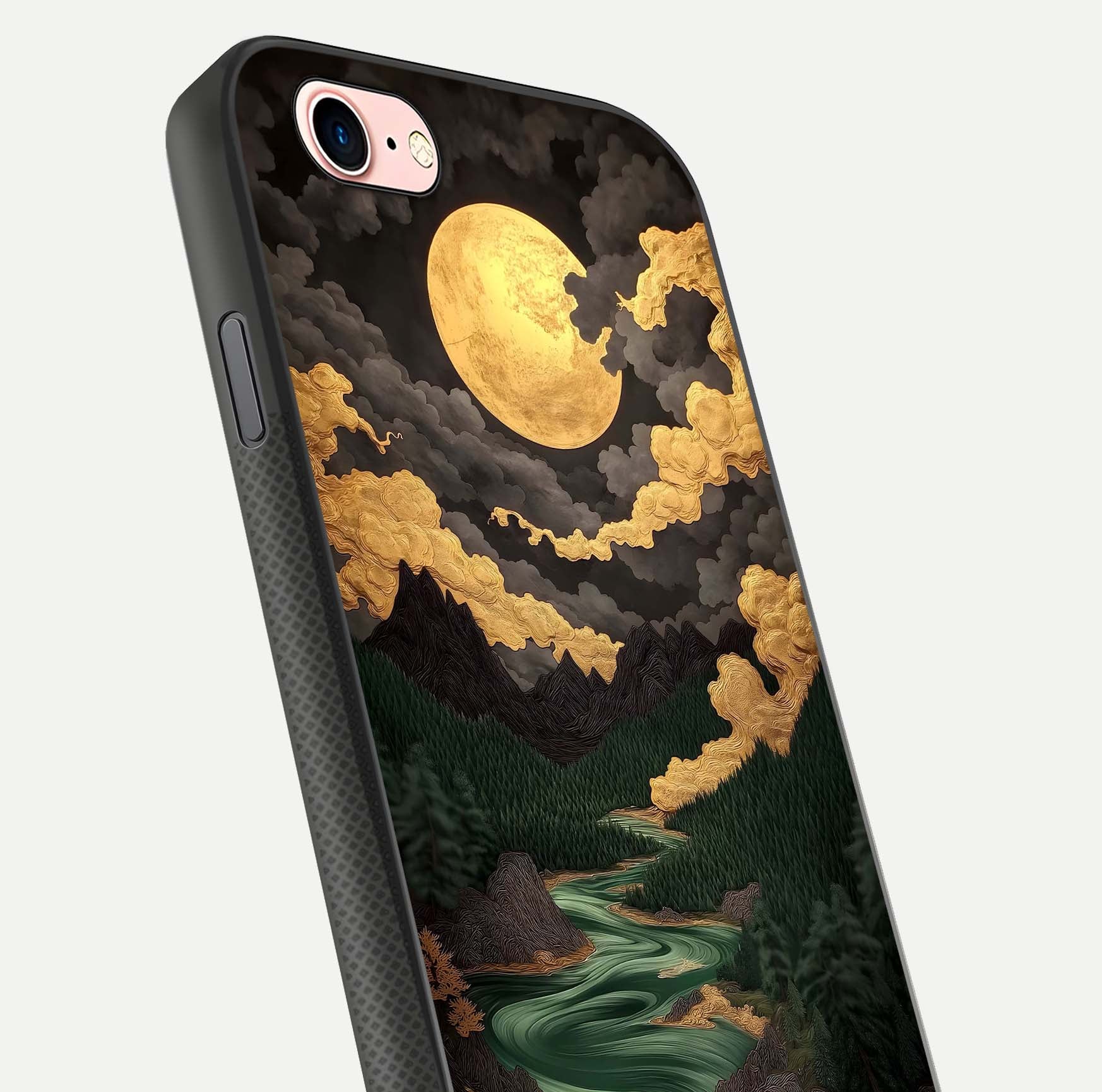 Golden River Moon Glass Case for iPhone 6 Plus close-up angled shot showing moon reflection and water shine