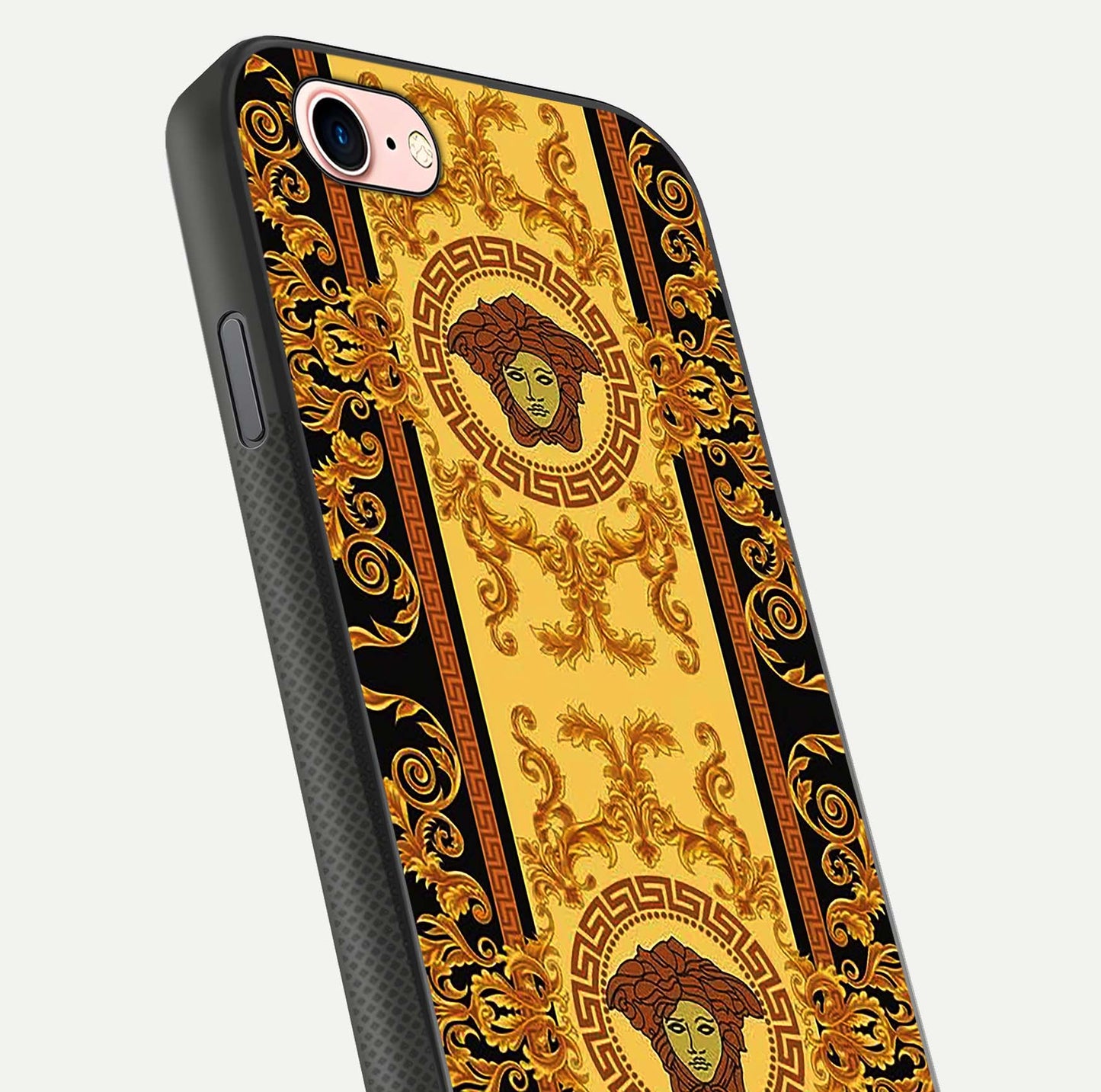Golden Royal Heritage Glass Case for iPhone 6 Plus close-up angled shot showing intricate design and metallic reflection
