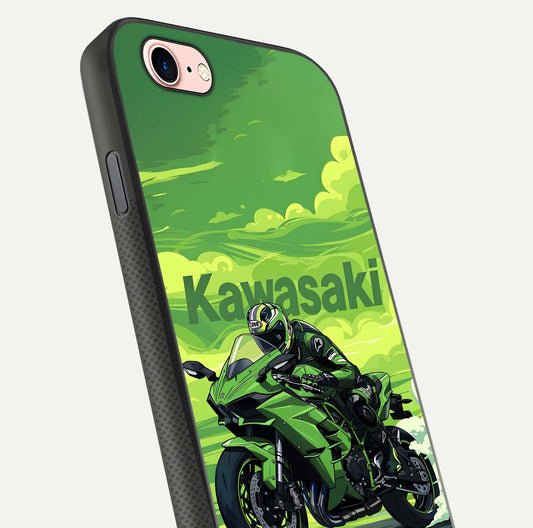 Green Kawasaki Glass Case for iPhone 6 Plus close-up angled shot showing sporty line details and reflection shine