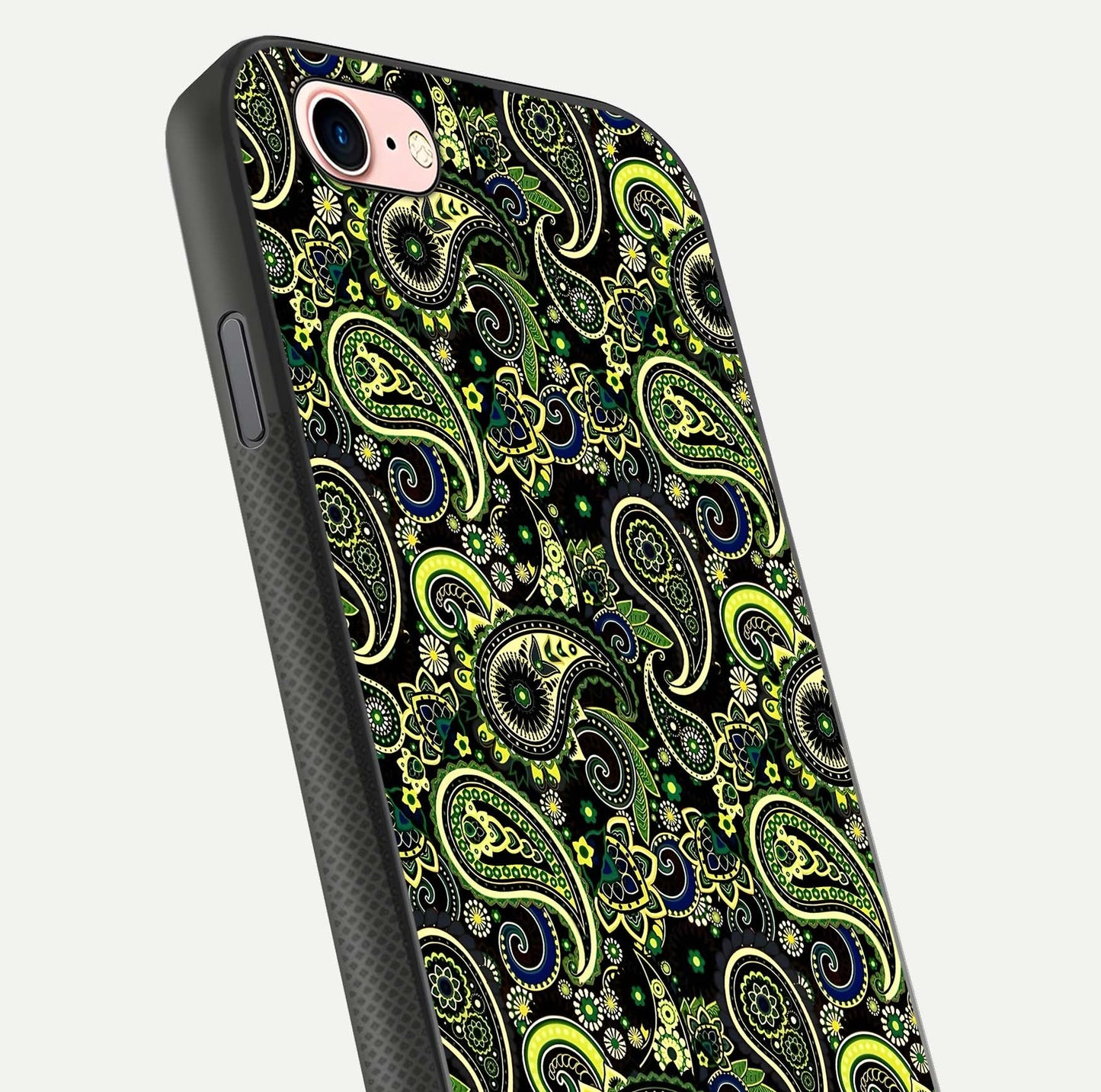 Green Mandala Pattern Glass Case for iPhone 6 Plus close-up angled shot showing fine detailing and gold-green reflection