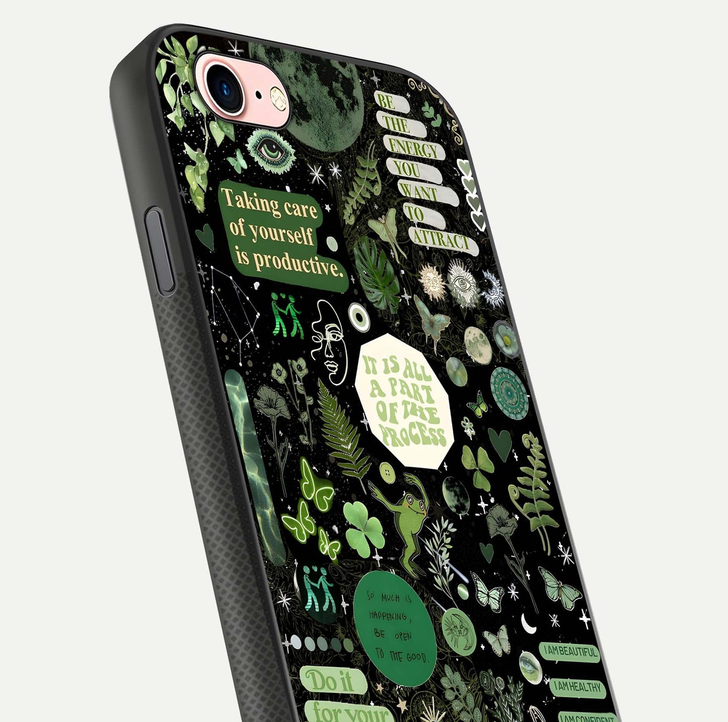 Green Moon Energy Glass Case for iPhone 6 Plus close-up angled shot showing glowing lunar detail and reflection shine