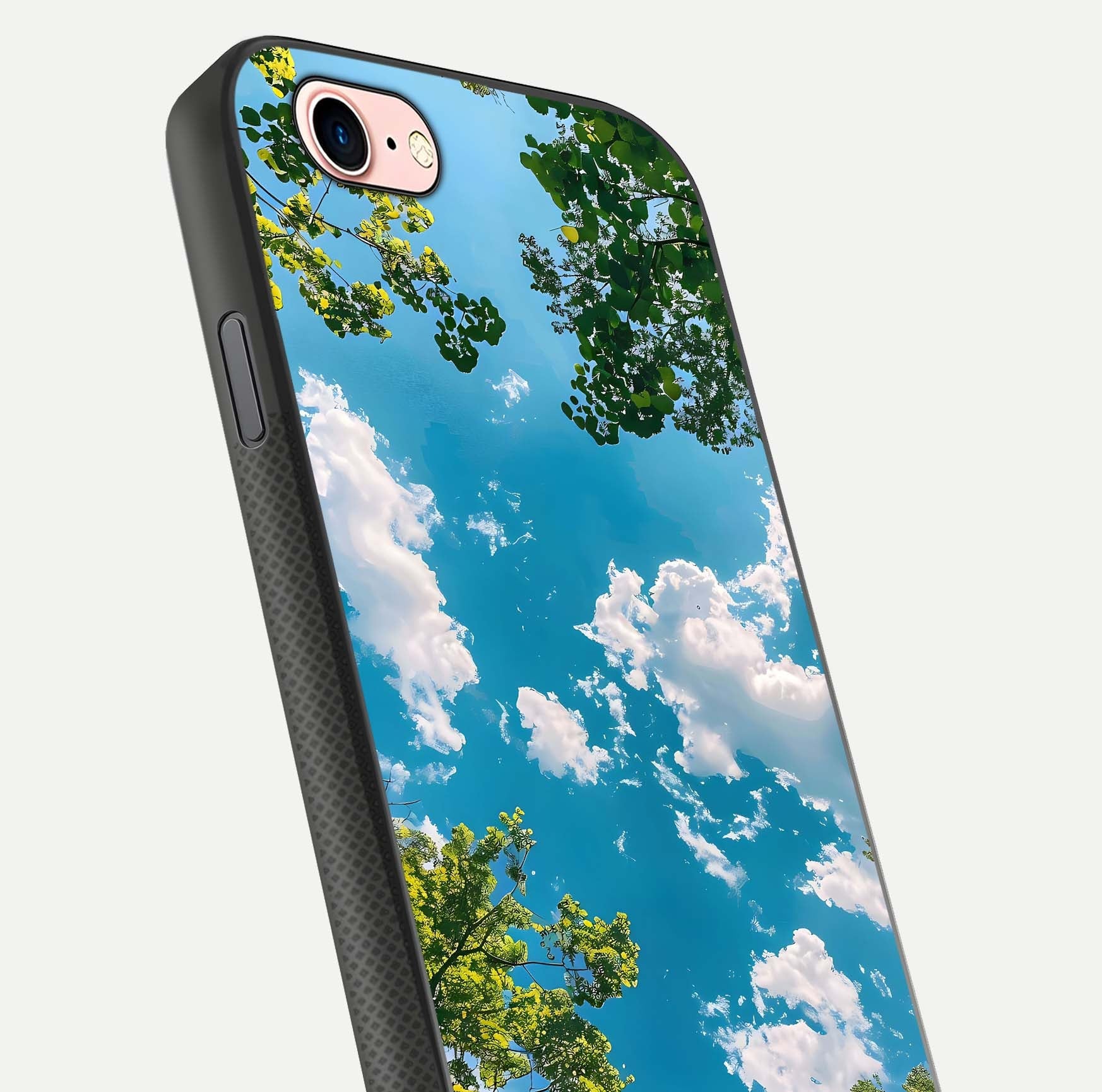 Greenery Sky Glass Case for iPhone 6 Plus close-up angled shot showing leafy tones and reflection brightness