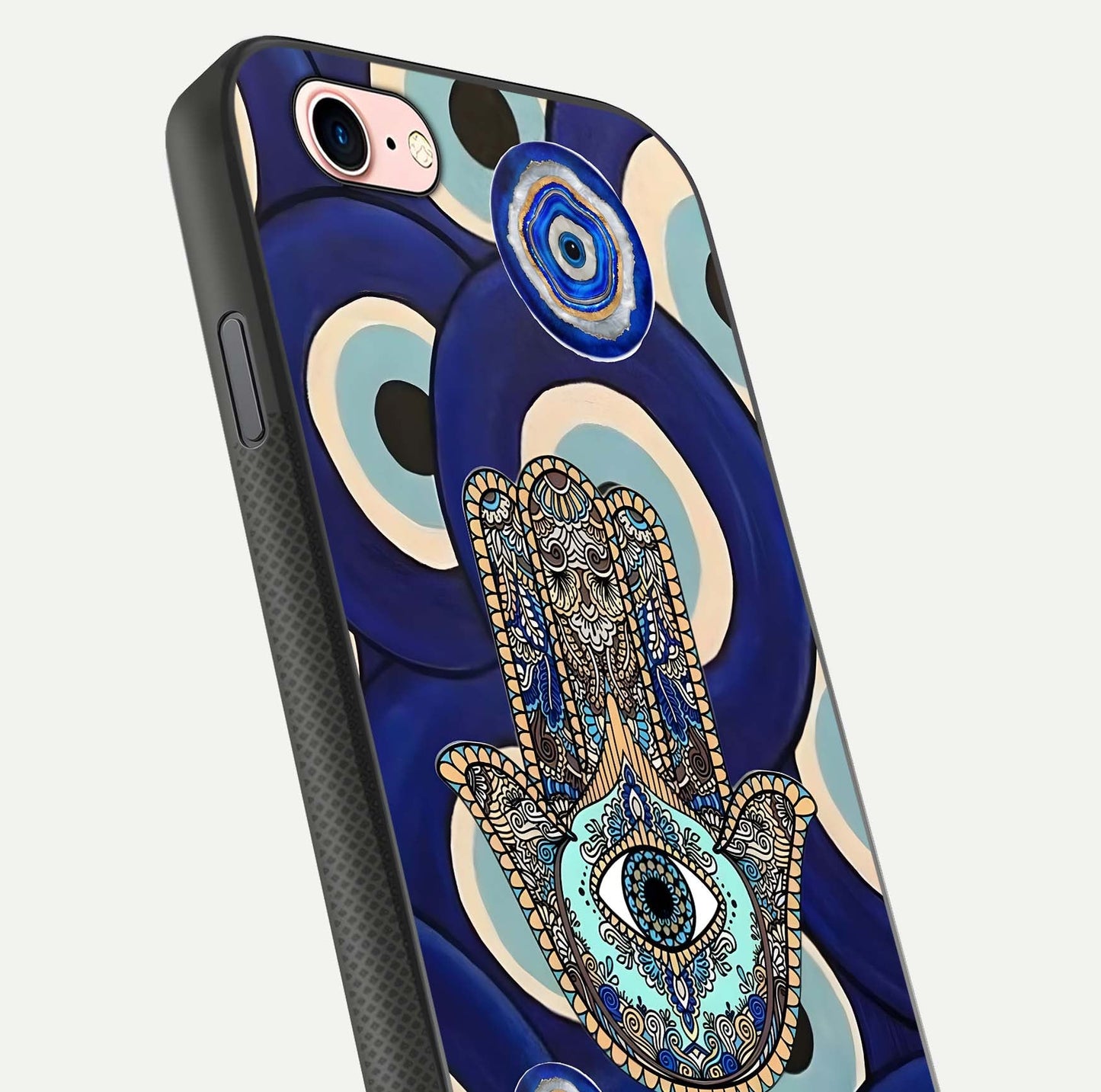 Hamsa Divine Guard Glass Case for iPhone 6 Plus close-up angled shot showing detailed palm motif and reflection glow