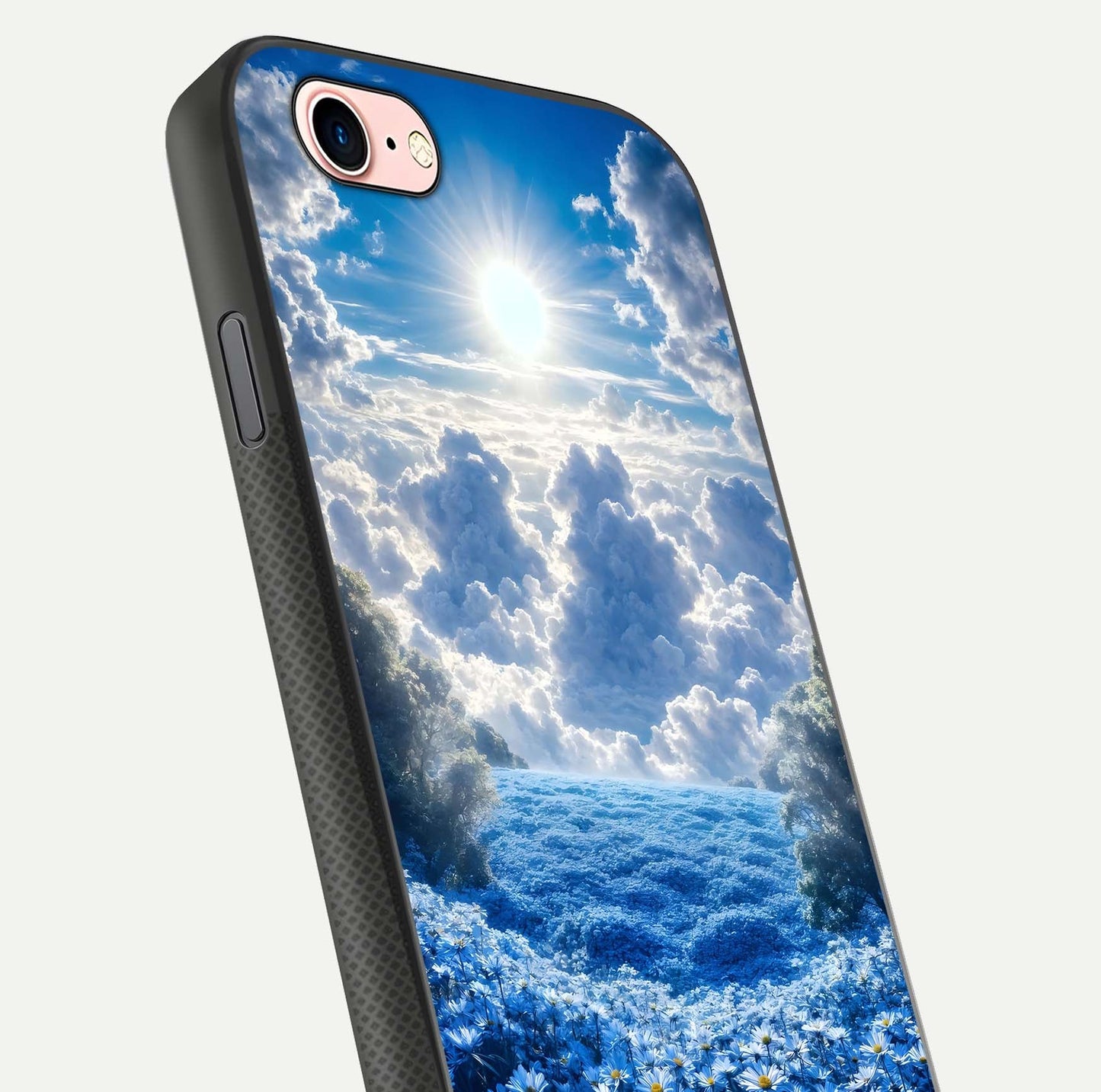 Heavenly Daisy Horizon Glass Case for iPhone 6 Plus close-up angled shot showing daisy petal details and light reflection