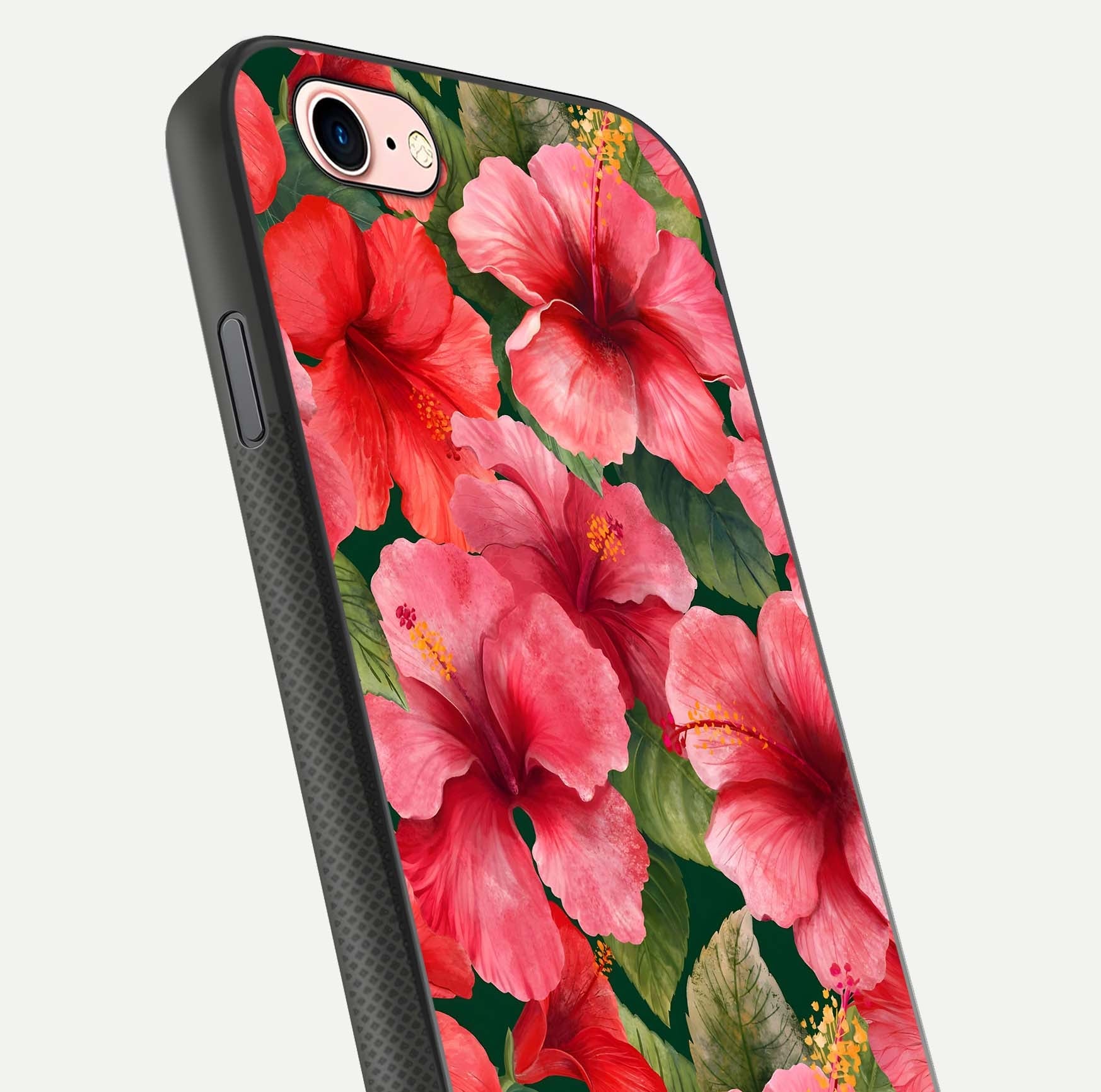Hibiscus Pattern Glass Case for iPhone 6 Plus close-up angled shot showing flower details and gloss reflection