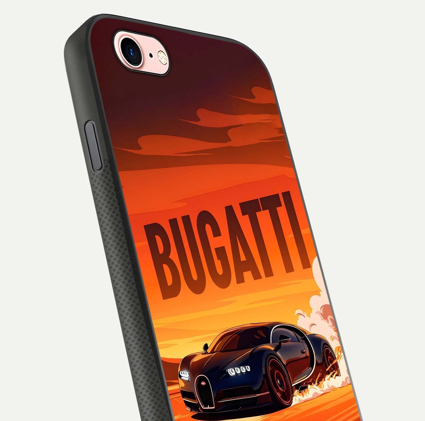 Inferno Bugatti Storm Glass Case for iPhone 6 Plus close-up angled shot showing flame details and reflection shine