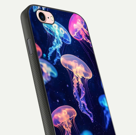 Jellyfish Pattern Glass Case for iPhone 6 Plus close-up angled shot showing translucent tentacles and light reflection